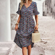 Bohemian floral print midi summer dress with short sleeves for women