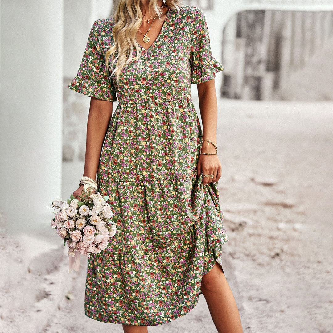 Bohemian floral print midi summer dress with short sleeves for women