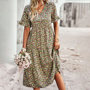 Bohemian floral print midi summer dress with short sleeves for women