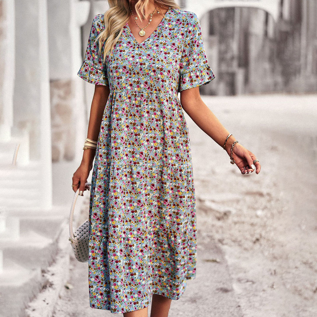 Bohemian floral print midi summer dress with short sleeves for women
