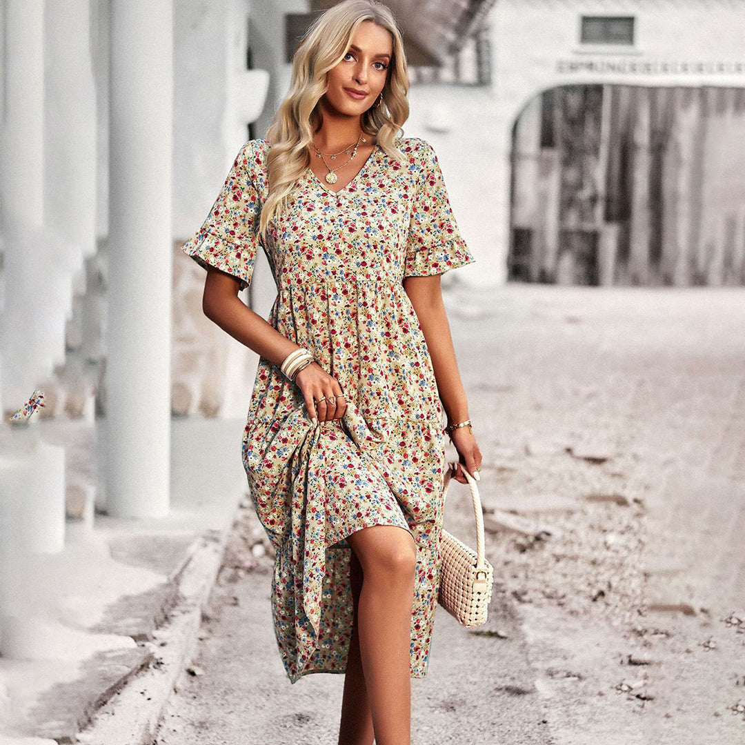 Bohemian floral print midi summer dress with short sleeves for women