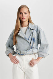 Short Denim Biker Jacket with Asymmetric Zipper and Waistband