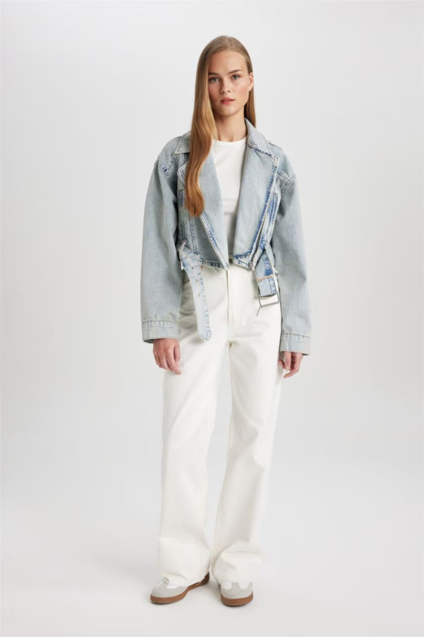 Short Denim Biker Jacket with Asymmetric Zipper and Waistband