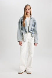 Short Denim Biker Jacket with Asymmetric Zipper and Waistband