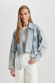 Short Denim Biker Jacket with Asymmetric Zipper and Waistband
