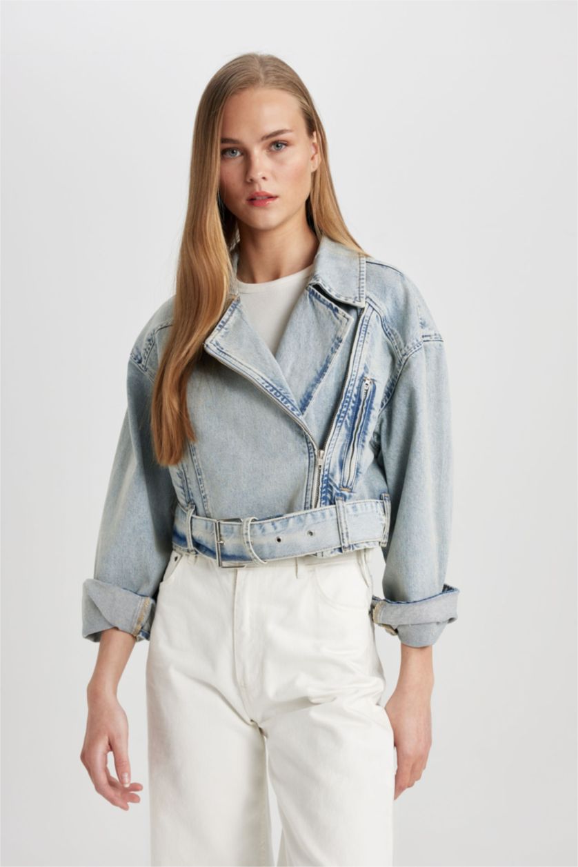 Short Denim Biker Jacket with Asymmetric Zipper and Waistband