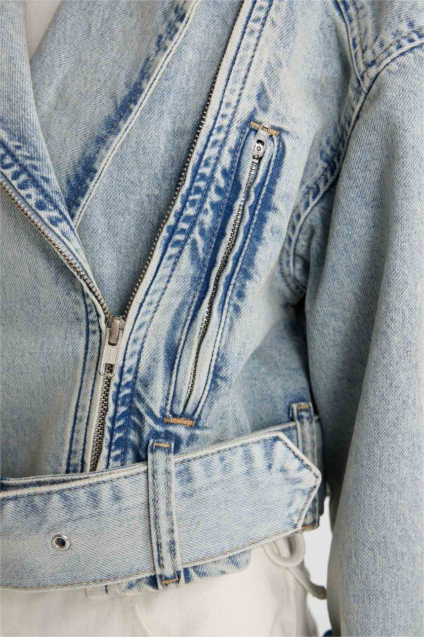 Short Denim Biker Jacket with Asymmetric Zipper and Waistband