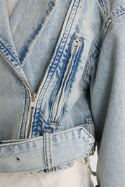 Short Denim Biker Jacket with Asymmetric Zipper and Waistband