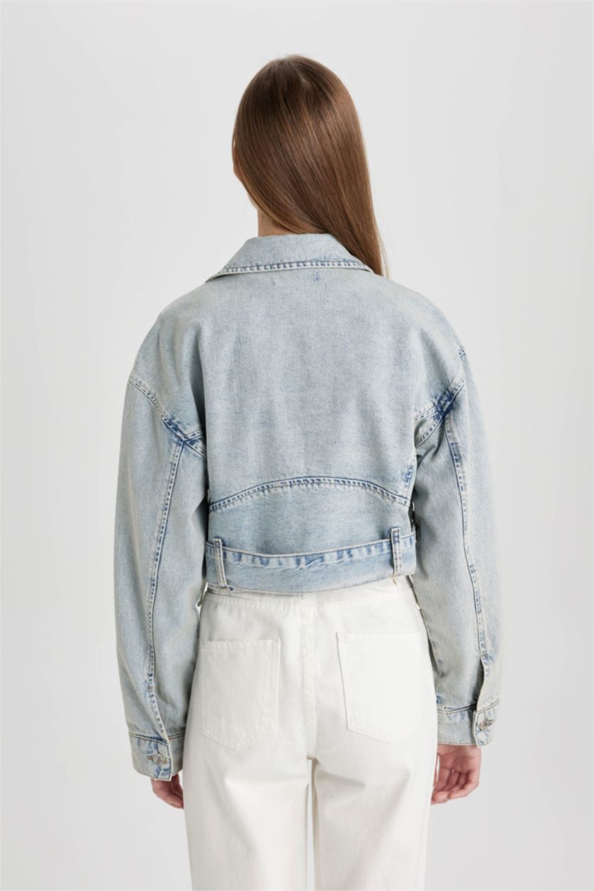 Short Denim Biker Jacket with Asymmetric Zipper and Waistband