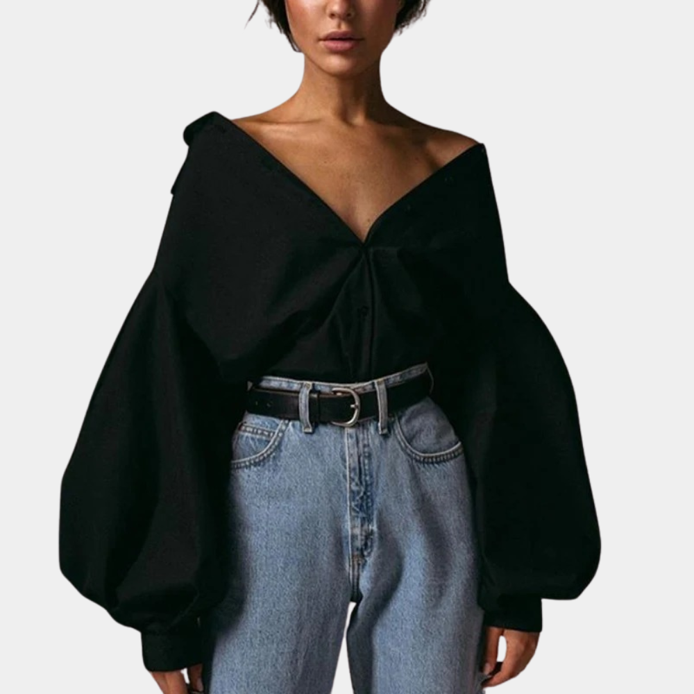 Women's Oversized Blouse with Deep V-Neck and Statement Sleeves