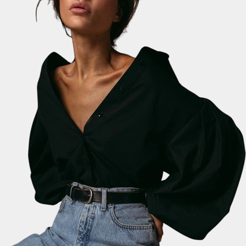 Women's Oversized Blouse with Deep V-Neck and Statement Sleeves