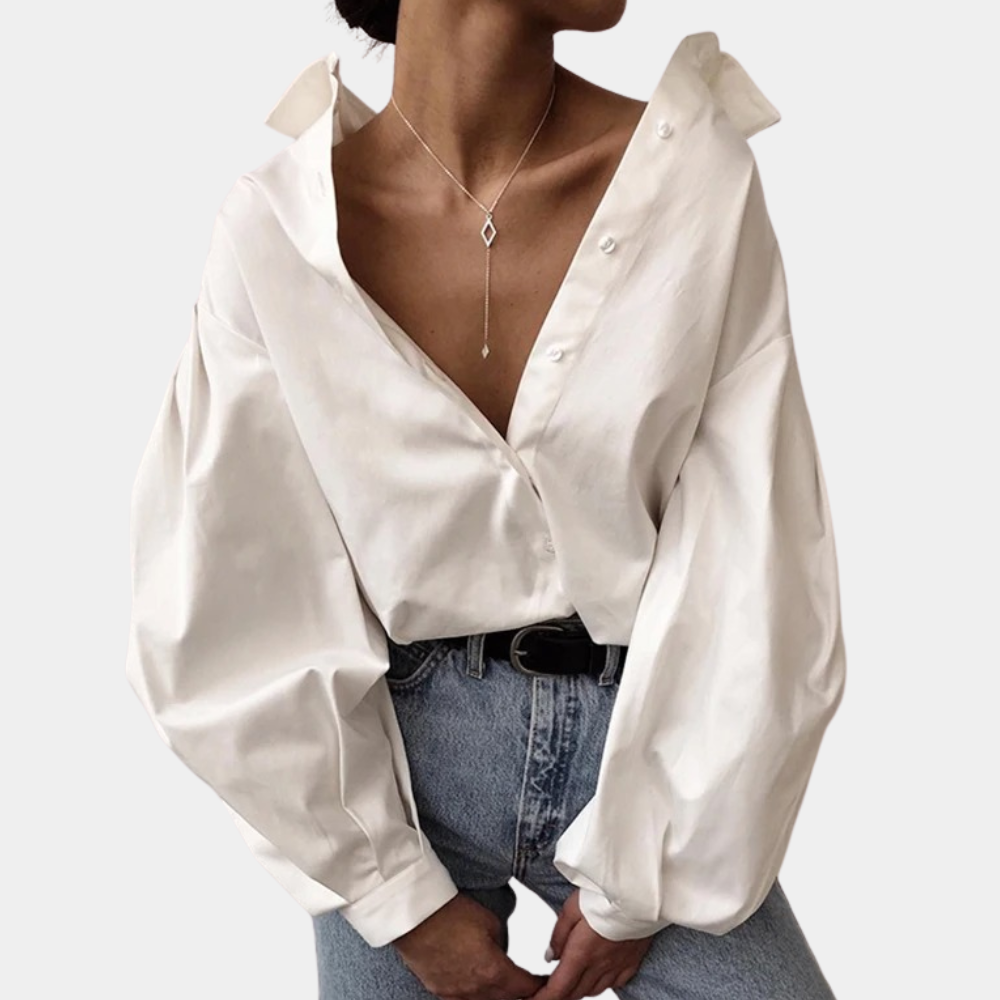 Women's Oversized Blouse with Deep V-Neck and Statement Sleeves