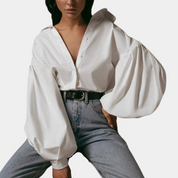 Women's Oversized Blouse with Deep V-Neck and Statement Sleeves