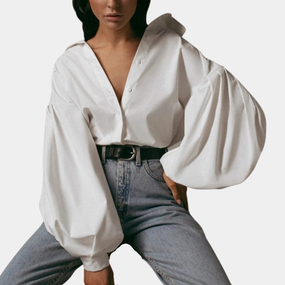 Women's Oversized Blouse with Deep V-Neck and Statement Sleeves