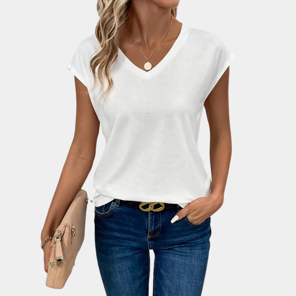 White Comfortable V-Neck T-Shirt for Women with Relaxed Fit