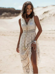 Women's Boho Maxi Dress with Lace and Summer Festival Style
