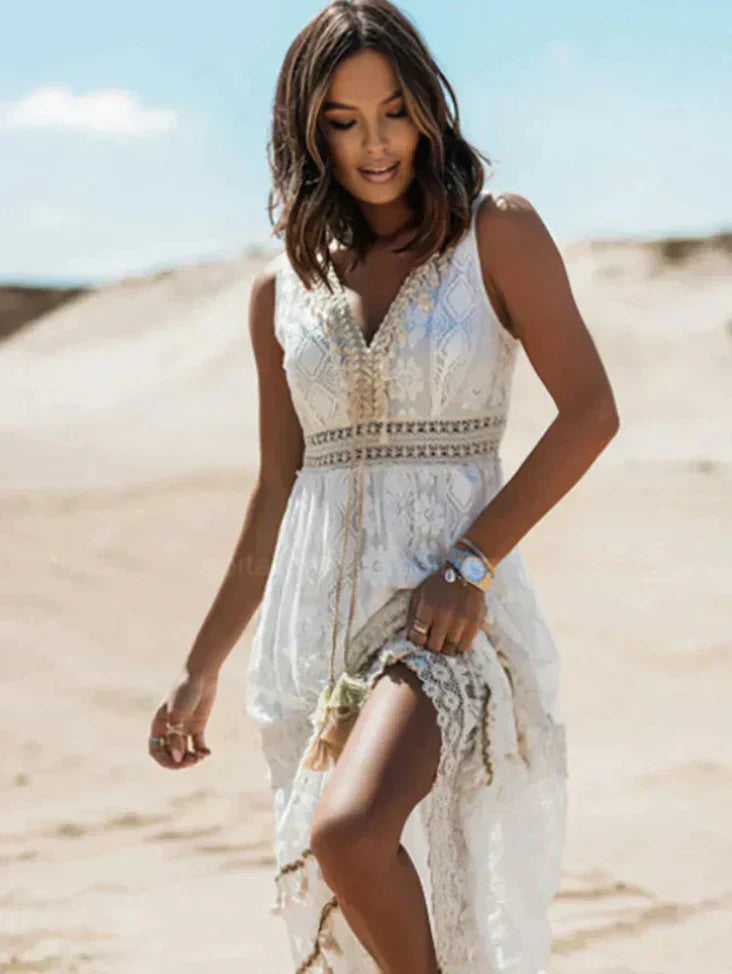 Women's Boho Maxi Dress with Lace and Summer Festival Style