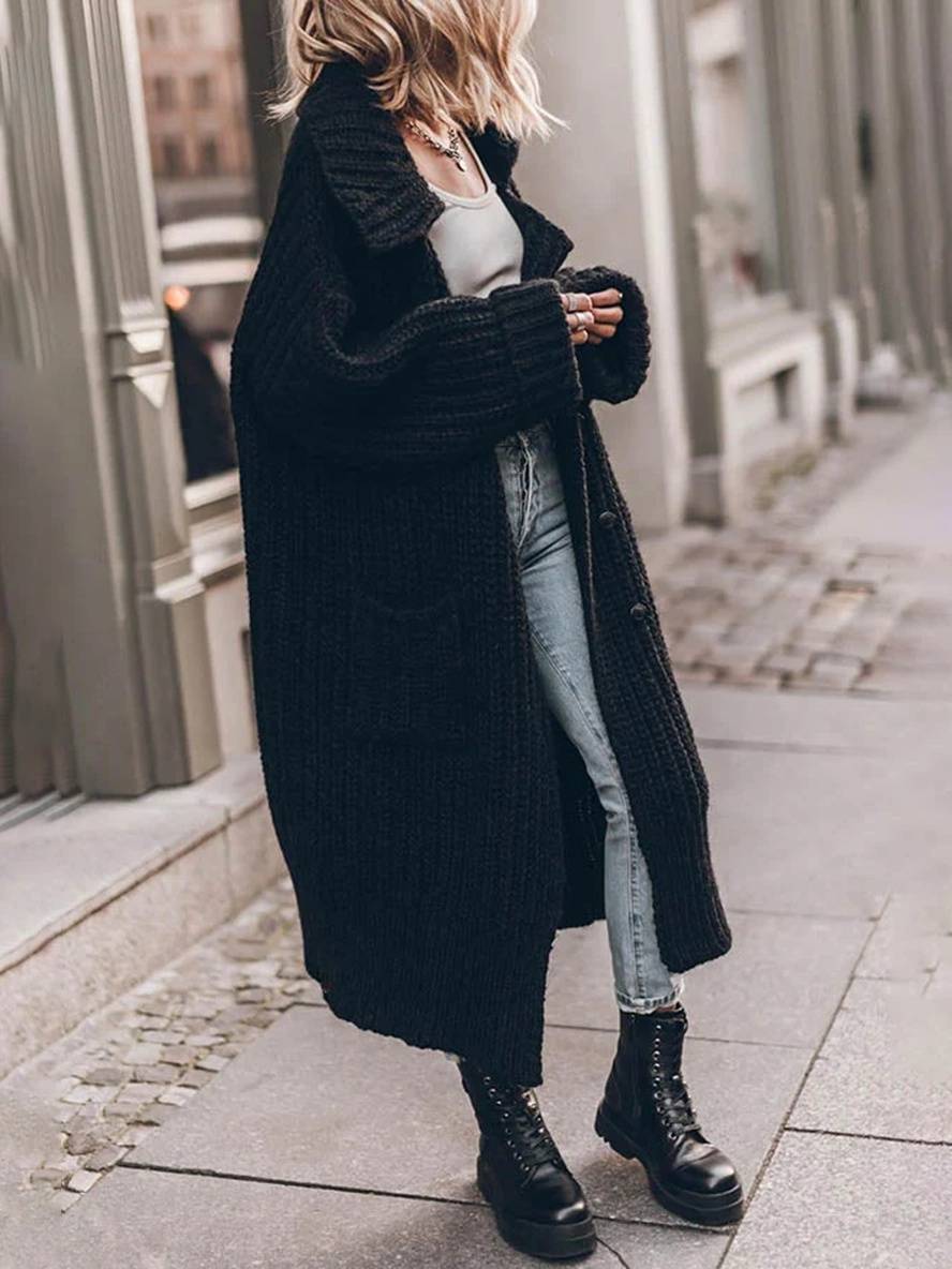 Knitted Oversized Long Cardigan with Buttons and Pockets for Women