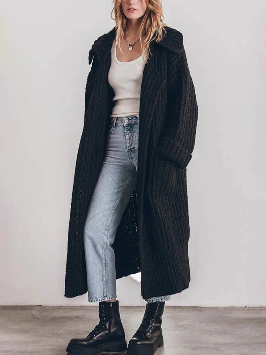 Knitted Oversized Long Cardigan with Buttons and Pockets for Women