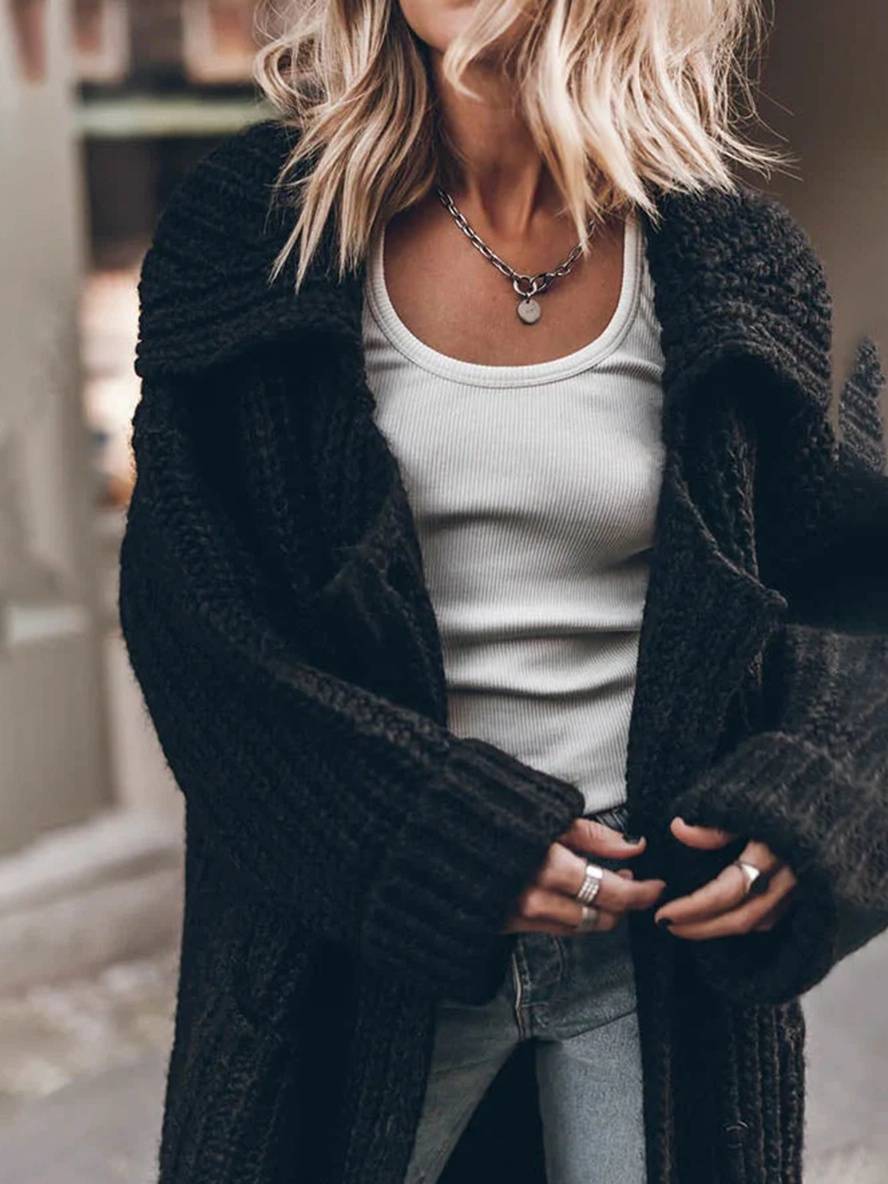 Knitted Oversized Long Cardigan with Buttons and Pockets for Women