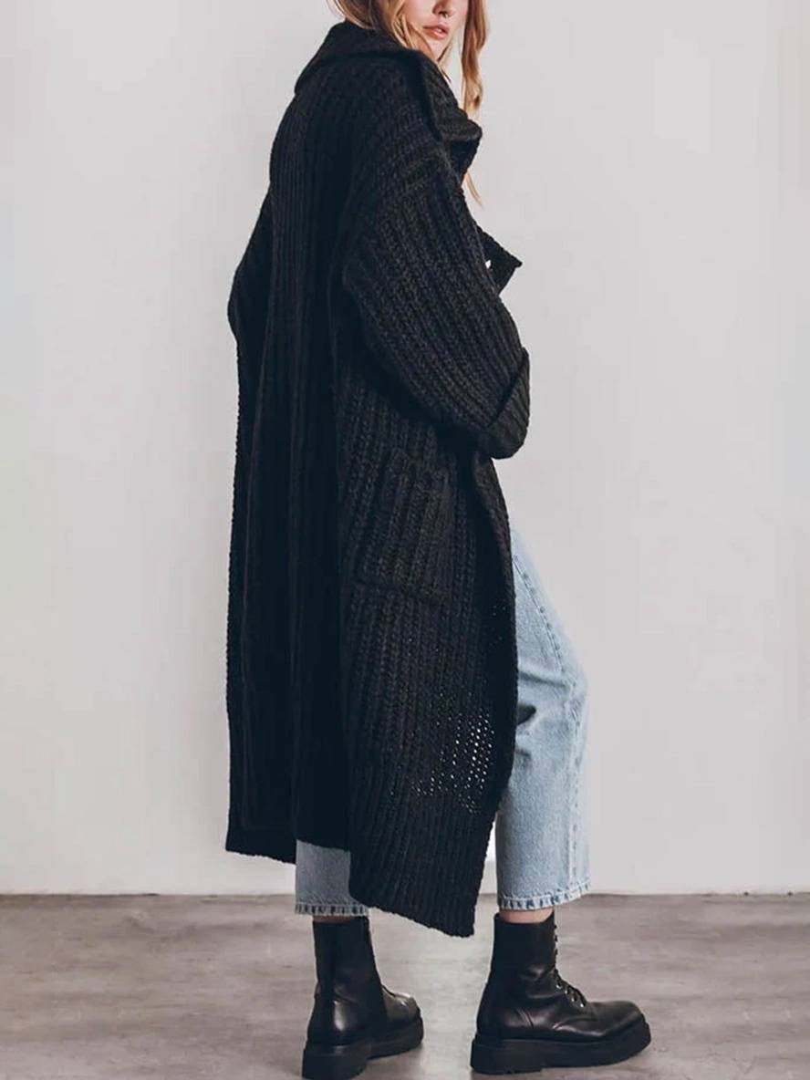 Knitted Oversized Long Cardigan with Buttons and Pockets for Women
