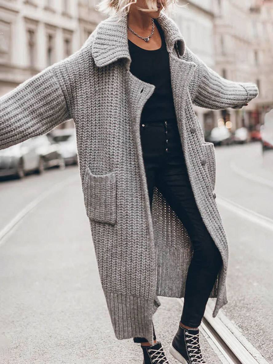 Knitted Oversized Long Cardigan with Buttons and Pockets for Women