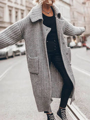 Knitted Oversized Long Cardigan with Buttons and Pockets for Women