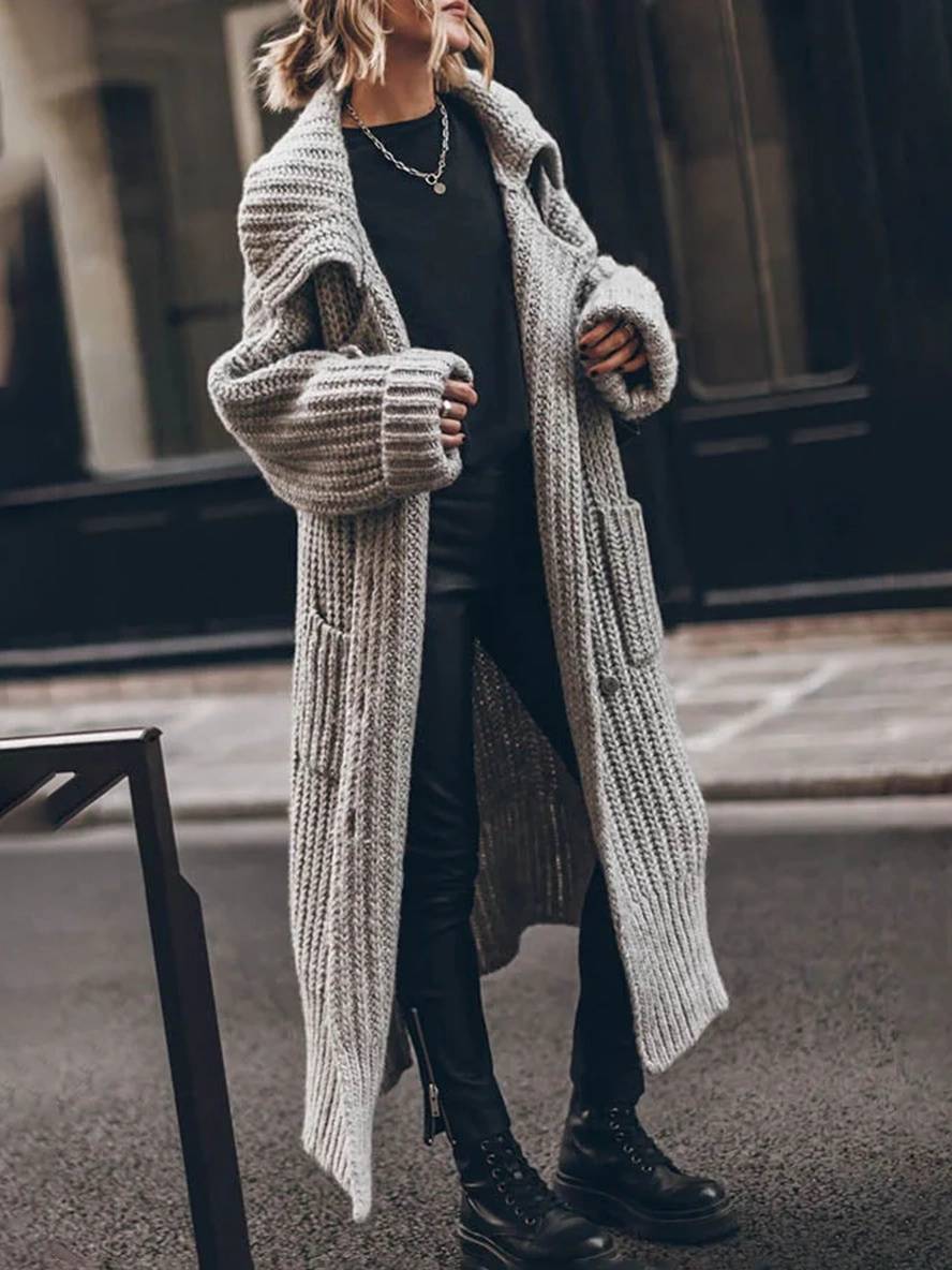 Knitted Oversized Long Cardigan with Buttons and Pockets for Women