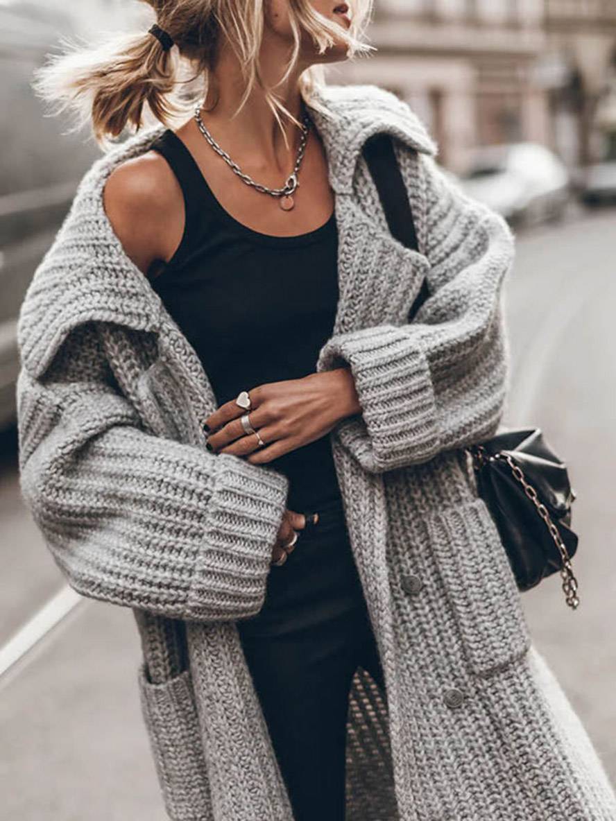 Knitted Oversized Long Cardigan with Buttons and Pockets for Women
