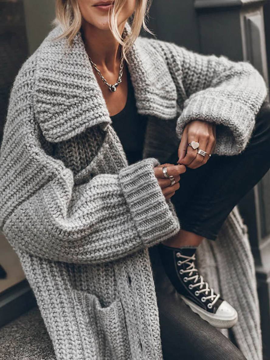 Knitted Oversized Long Cardigan with Buttons and Pockets for Women