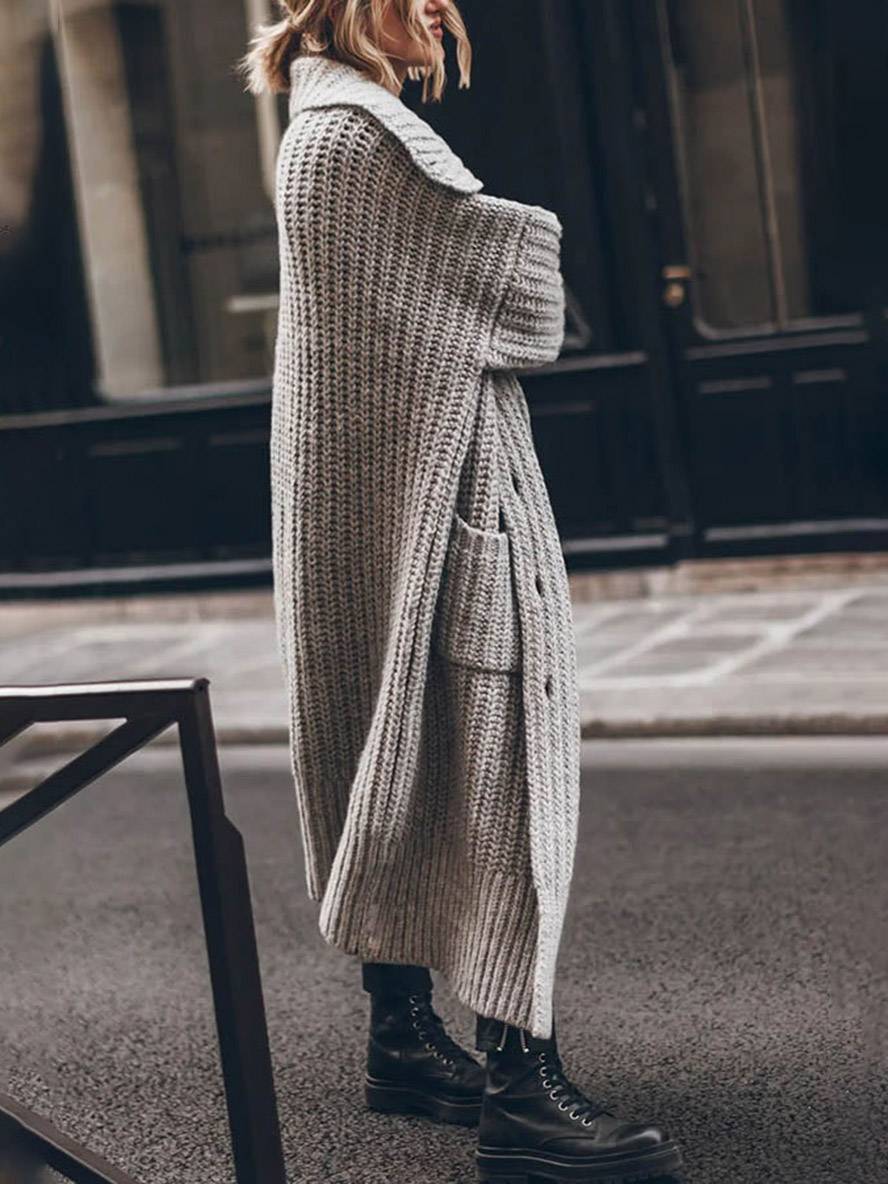 Knitted Oversized Long Cardigan with Buttons and Pockets for Women