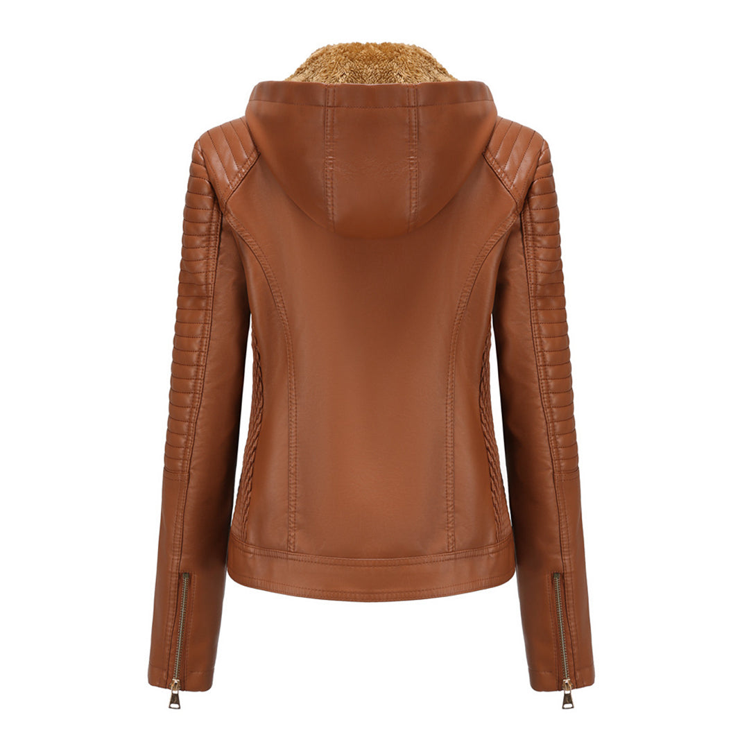 Leather Women's Jacket with Removable Hood and Zipper
