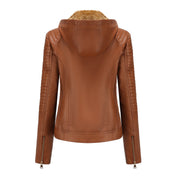 Leather Women's Jacket with Removable Hood and Zipper