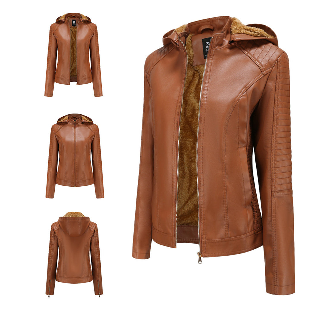 Leather Women's Jacket with Removable Hood and Zipper