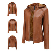 Leather Women's Jacket with Removable Hood and Zipper