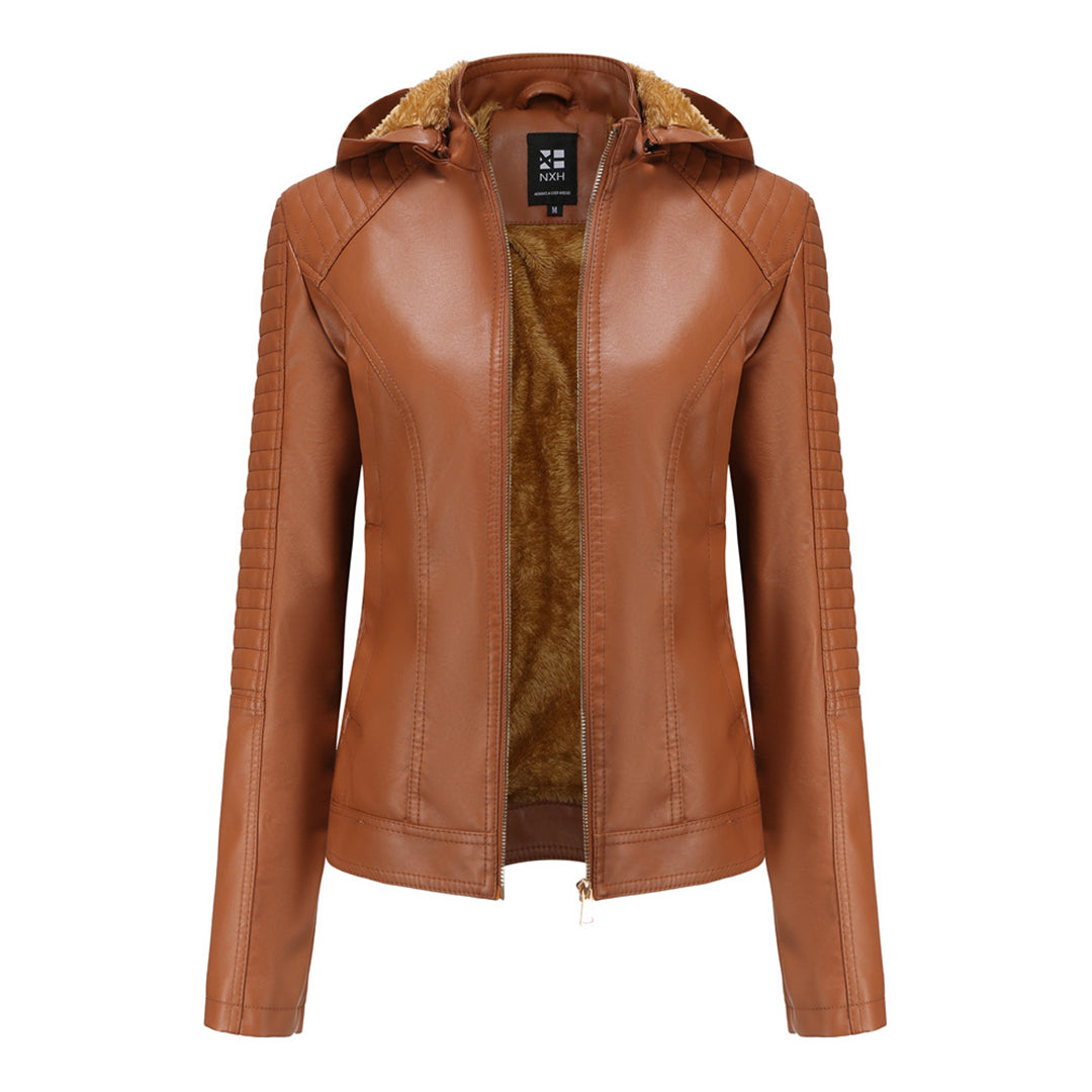 Leather Women's Jacket with Removable Hood and Zipper