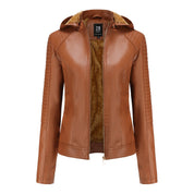 Leather Women's Jacket with Removable Hood and Zipper