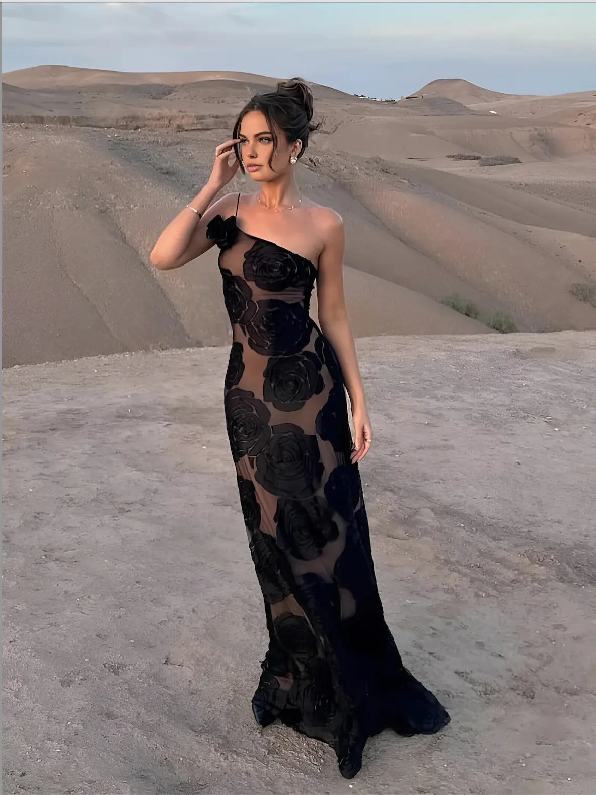 Elegant Maxi Party Dress for Women with One-Shoulder and Floral Applique