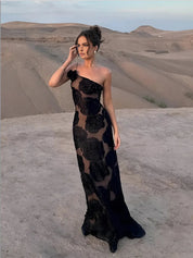 Elegant Maxi Party Dress for Women with One-Shoulder and Floral Applique