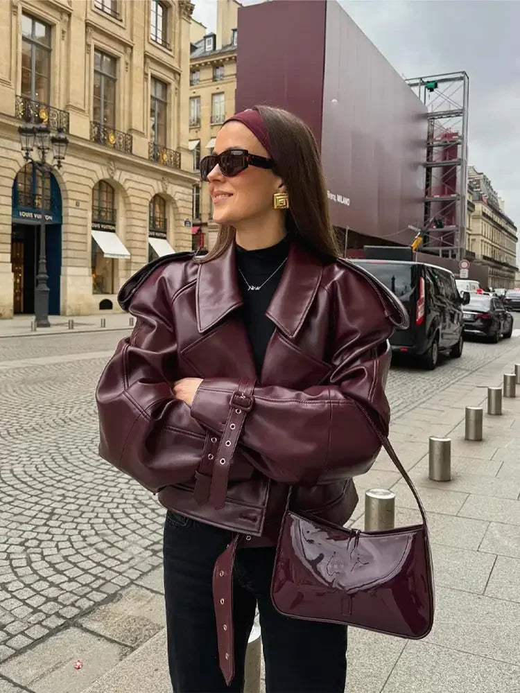 Women's Leather Jacket with Waist Belt and Large Collar Oversized Fit