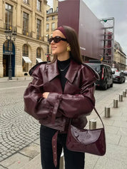 Women's Leather Jacket with Waist Belt and Large Collar Oversized Fit