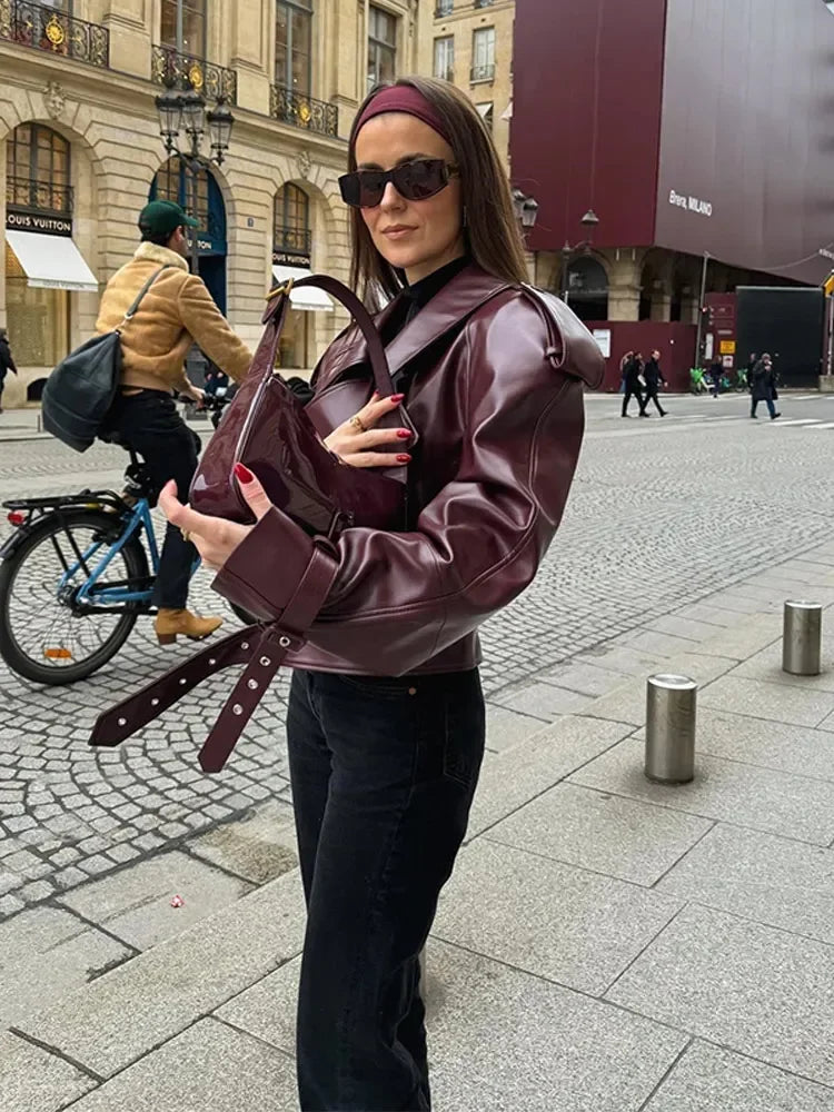 Women's Leather Jacket with Waist Belt and Large Collar Oversized Fit