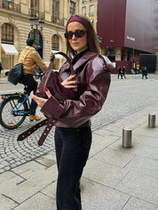 Women's Leather Jacket with Waist Belt and Large Collar Oversized Fit