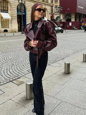 Women's Leather Jacket with Waist Belt and Large Collar Oversized Fit