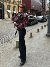 Women's Leather Jacket with Waist Belt and Large Collar Oversized Fit