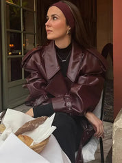 Women's Leather Jacket with Waist Belt and Large Collar Oversized Fit