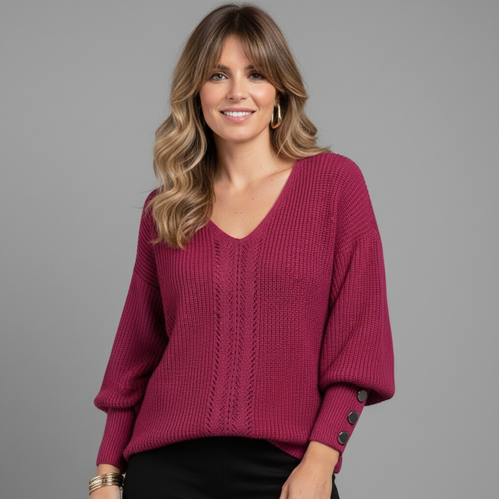 Soft Knitted V-Neck Long Sleeve Blouse for Women with Buttons
