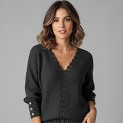 Soft Knitted V-Neck Long Sleeve Blouse for Women with Buttons