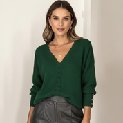 Soft Knitted V-Neck Long Sleeve Blouse for Women with Buttons