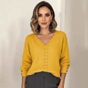 Soft Knitted V-Neck Long Sleeve Blouse for Women with Buttons